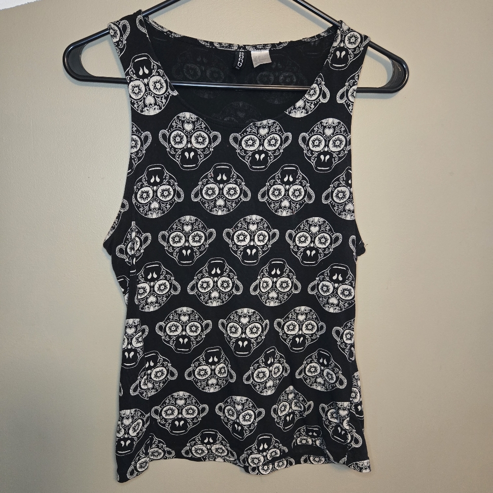 H&M Divided Women's Black Tank Top Size 4 Monkey Print Round Neck Sleeveless